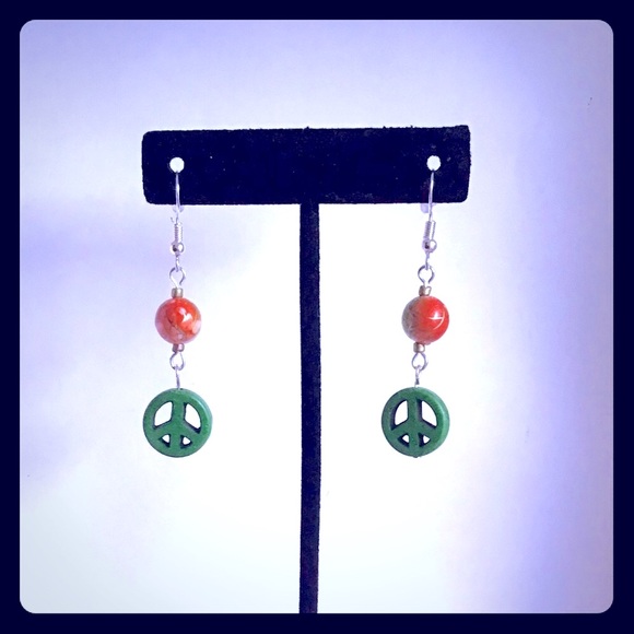 1 1/2” Artisan Crafted Green Peace Signs with Sterling Silver EarWires - Picture 2 of 3